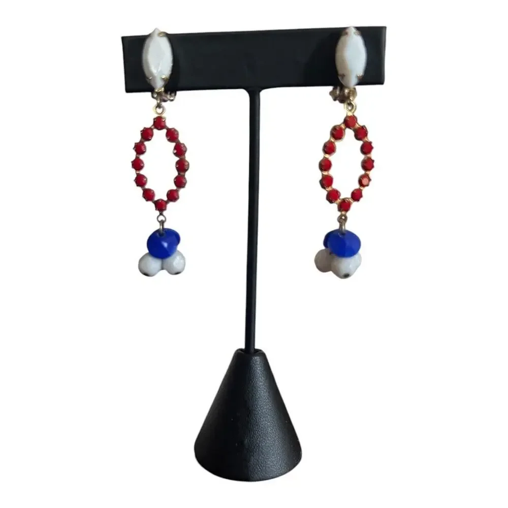 Lewis Segal California Earrings Red White Blue Dangle Clip Ons 2.5”